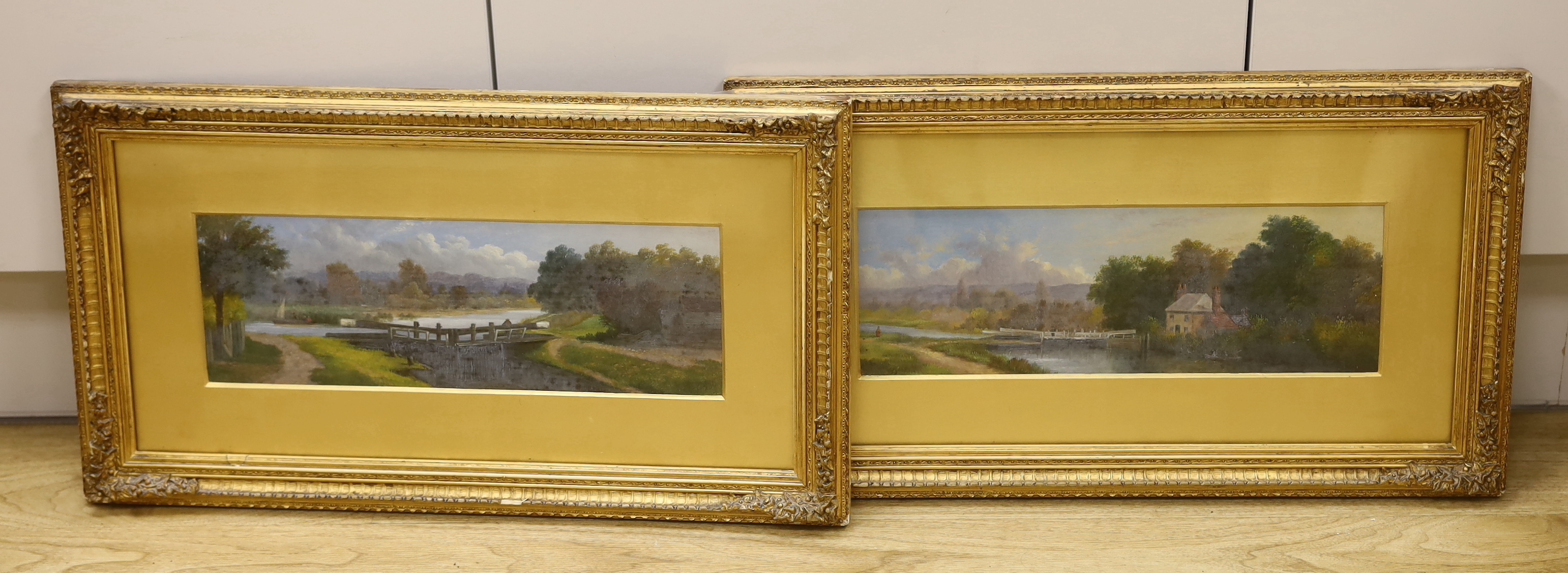 English School circa 1900, pair of oils on board, Canal scenes, indistinctly monogrammed, each 35 x 12cm